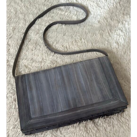 Gorgeous Vintage Eel Leather Muted Gray Blue Rectangle Shoulder Bag Classic - Picture 2 of 7